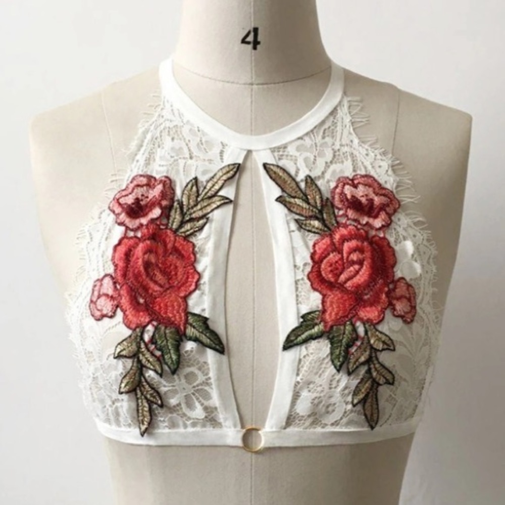 White lace bralette with rose flower appliqué
